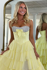 Chic Yellow A-Line Prom Dress with Layered Ruffle Skirt and Sparkle Detail