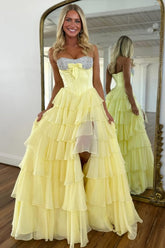 Chic Yellow A-Line Prom Dress with Layered Ruffle Skirt and Sparkle Detail