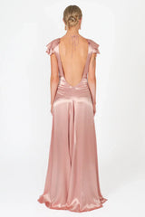 Stunning Yellow A-Line Party Gown with Deep V-Neck and Open Back