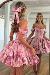 Trendy Pink Brocade Hoco Dress with Off-Shoulder Design and Ruffled Skirt