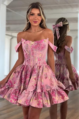 Trendy Pink Brocade Hoco Dress with Off-Shoulder Design and Ruffled Skirt