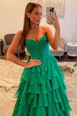 Emerald Green Sweetheart Corset Prom Dress with Tiered Ruffles and High Side Slit