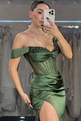 Elegant Emerald Off-Shoulder Prom Gown with Beaded Corset and Side Slit