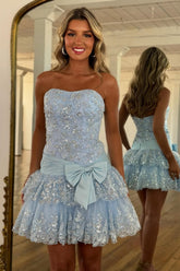 Dreamy Pink Glitter Homecoming Dress with Strapless Bodice and Sequin Detail