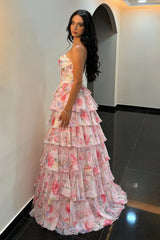 Stunning Pink Strapless Prom Dress with Floral Corset Bodice and Ruffled Skirt