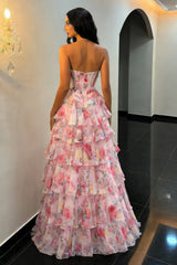 Stunning Pink Strapless Prom Dress with Floral Corset Bodice and Ruffled Skirt