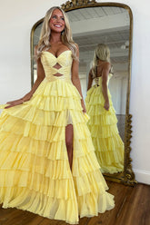 Chic Glitter Bodice Prom Dress with Layered Ruffle Skirt and Lace-Up Back