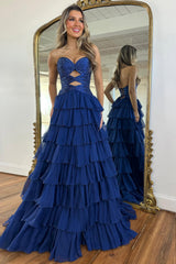 Chic Glitter Bodice Prom Dress with Layered Ruffle Skirt and Lace-Up Back