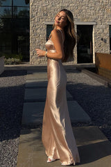 Champagne Spaghetti Strap Mermaid Dress with Open Back for Parties