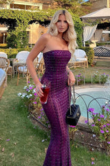 Purple Mermaid Spaghetti Strap Long Prom Dress with Beaded Detail