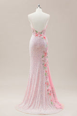 Floral Appliqué Pink Mermaid Prom Dress with Sparkle Sequins