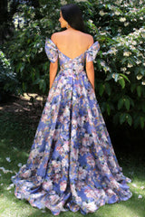 Floral Off-Shoulder A-Line Prom Dress with Corset Top and Puff Sleeves