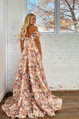 Floral Off-Shoulder A-Line Prom Dress with Corset Top and Puff Sleeves