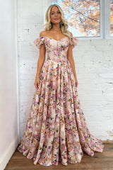 Floral Off-Shoulder A-Line Prom Dress with Corset Top and Puff Sleeves