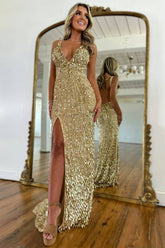 Stunning Fully Beaded Prom Dress with Deep V Bodice, Slit Skirt & Open Back