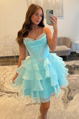 Dreamy Aqua Homecoming Dress with Jeweled Bodice and Flowy Ruffled Skirt