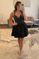 Romantic Short Sparkly Homecoming Dress with A-Line Silhouette and Tiered Skirt
