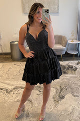 Romantic Short Sparkly Homecoming Dress with A-Line Silhouette and Tiered Skirt
