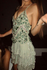 Romantic Mini Homecoming Dress with Beaded Corset Bodice and Layered Skirt