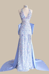 Glamorous Lavender Halter Neck Mermaid Prom Dress with Embellishments & Train