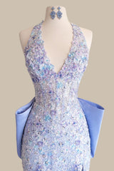 Glamorous Lavender Halter Neck Mermaid Prom Dress with Embellishments & Train
