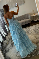 Light Blue Strapless Lace Corset Prom Dress with Tiered Tulle Skirt and Slit