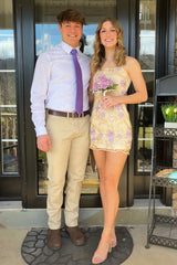 Pretty Yellow Short Homecoming Dress with Embroidered Bodice and Spaghetti Straps