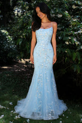 Chic Glitter Light Blue Mermaid Prom Dress with Spaghetti Straps & Floral Accents