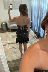 Sparkly Strapless Satin Homecoming Dress with Beaded Details and Ruffle Hem