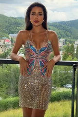 Sparkly Butterfly Rhinestone Bodycon Homecoming Dress with Side Cutouts