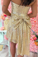 Glam Gold Sequin Strapless Mini Dress with Statement Bow Back