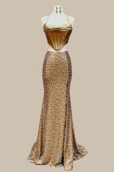 Gold Two-Piece Halter Satin Top Prom Dress with Beaded Mermaid Skirt