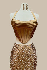 Gold Two-Piece Halter Satin Top Prom Dress with Beaded Mermaid Skirt