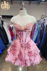 Pretty Floral A-Line Mini Homecoming Dress Featuring Sweetheart Corset Top and Tiered Skirt