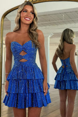 Glitter A-Line Homecoming Dress with Beaded Cutout Bodice and Tiered Skirt