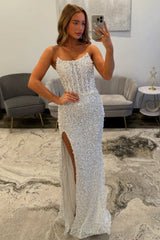 White Strapless Mermaid Prom Dress with Pearl Embellishments and Side Slit
