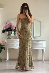 Green Spaghetti Strap Mermaid Prom Dress with Lace Bodice and Floral Appliques
