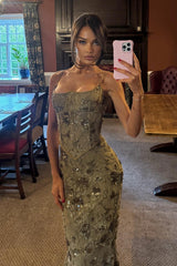 Green Spaghetti Strap Mermaid Prom Dress with Lace Bodice and Floral Appliques