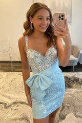 Pretty Sparkly Homecoming Dress with Sheer Lace Corset Top and Dramatic Bow Detail