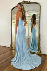 Stunning Light Blue Halter Mermaid Prom Dress with Pearls, Beading and High Slit
