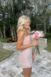 Pretty Light Pink Sheath Mini Homecoming Dress with Pearl Details