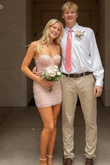 Pretty Light Pink Sheath Mini Homecoming Dress with Pearl Details