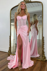 Elegant Blush Pink Beaded Corset Prom Gown with Rhinestone Accents