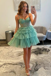 Stylish Green Short Homecoming Dress with Sparkle Tulle Skirt and Corset Bodice