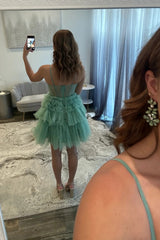 Stylish Green Short Homecoming Dress with Sparkle Tulle Skirt and Corset Bodice