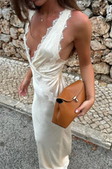 Elegant Ivory Mermaid Party Dress with Deep V-Neckline and Lace