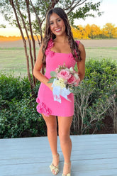 Chic Hot Pink Square Neck Hoco Dress with Floral Appliqué Detail