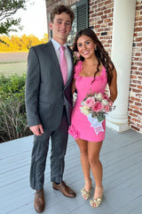 Chic Hot Pink Square Neck Hoco Dress with Floral Appliqué Detail