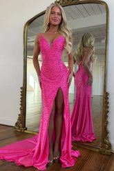 Chic Hot Pink Spaghetti Strap Prom Dress with Beaded Pearls and Front Slit