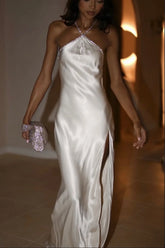 White Long Sheath Party Dress with Halter Neck, Front Slit and Beaded Bodice